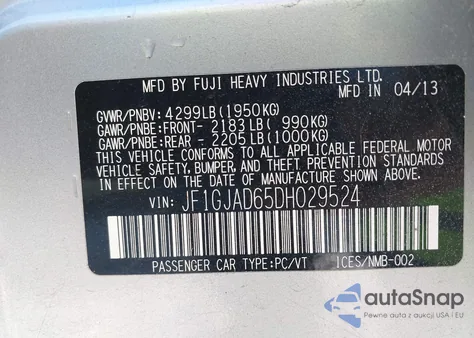 2013 Subaru Impreza 2.0I Premium from USA, damaged, VIN JF1GJAD65DH029524